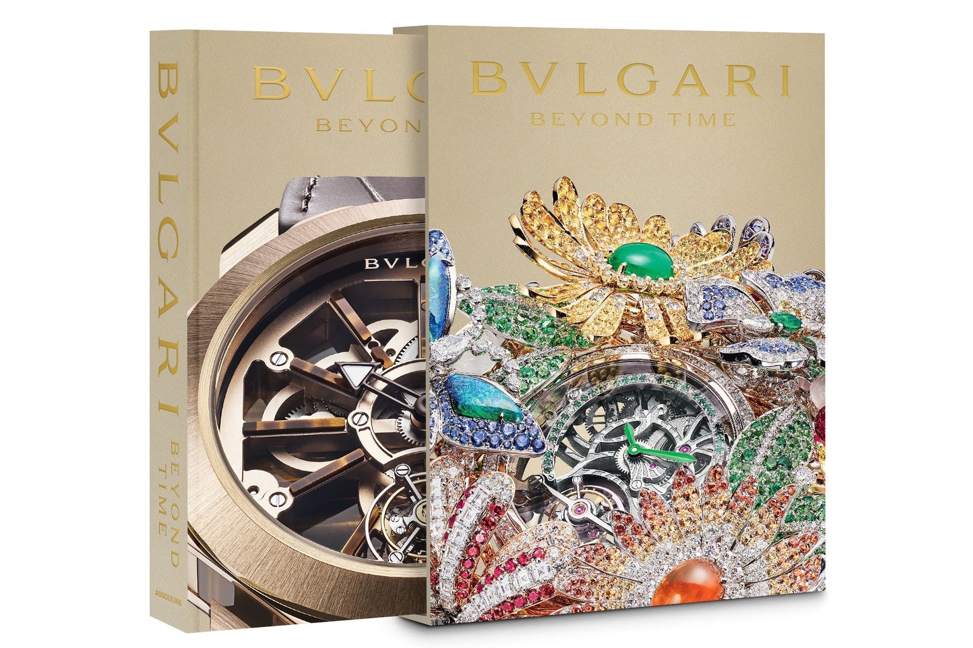 Two volumes of "Bulgari Beyond Time" feature a close-up of Bulgari watches and a colorful jeweled piece on the covers, capturing the essence of Swiss-Italian watchmaking and high-jewelry collections.