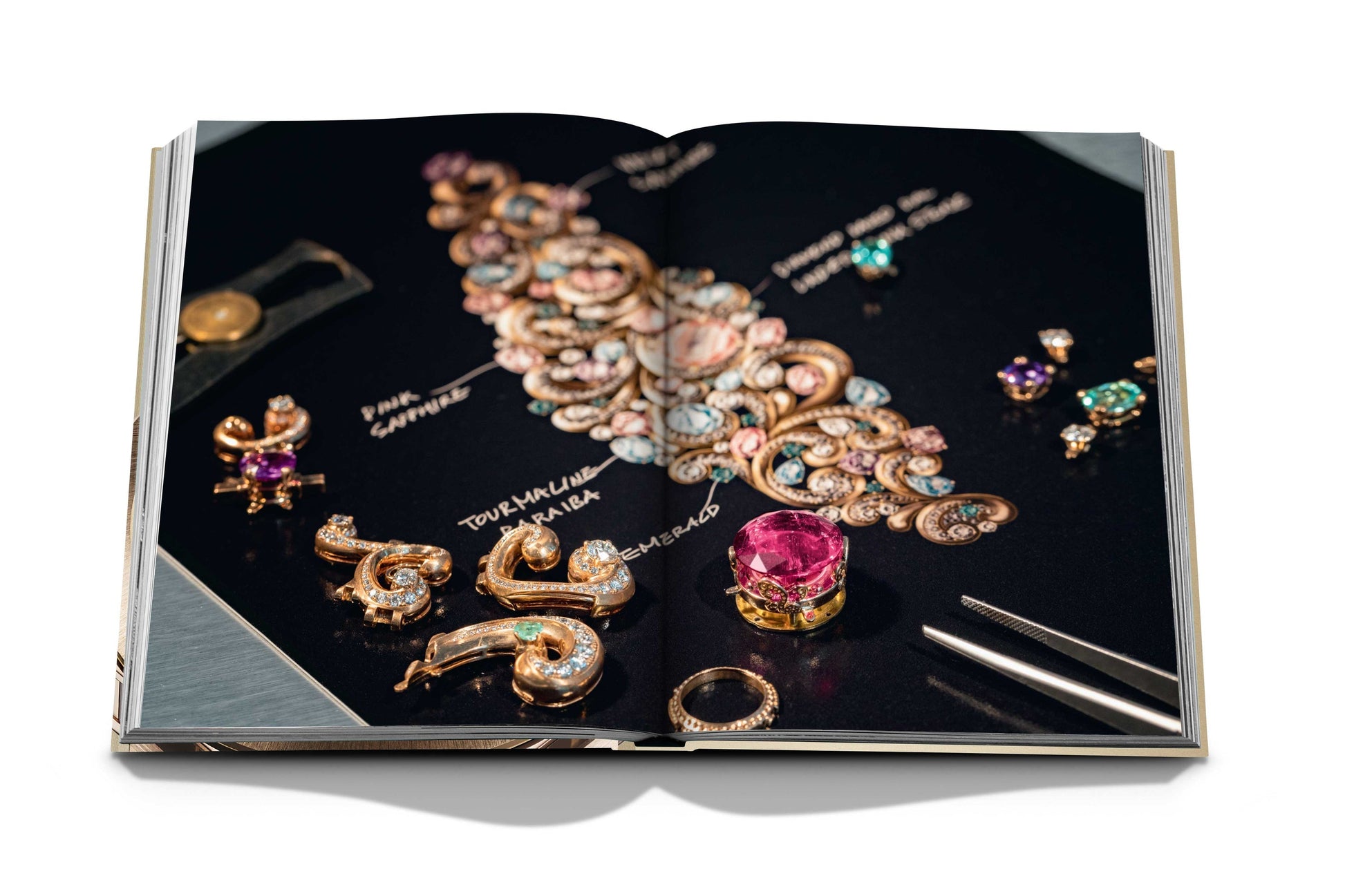 An open book displays various pieces of jewelry, including rings, earrings, and a bracelet. Labels can be seen pointing to each item, detailing their gem types and designs, reminiscent of Bulgari Beyond Time.