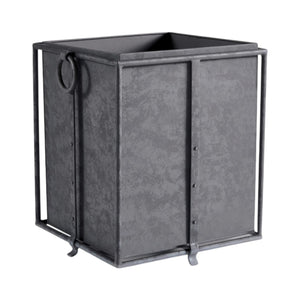 The Callahan Gray Metal Planters feature a square design with a textured finish, side handles, and four small feet, adding contemporary elegance to any indoor or outdoor space.