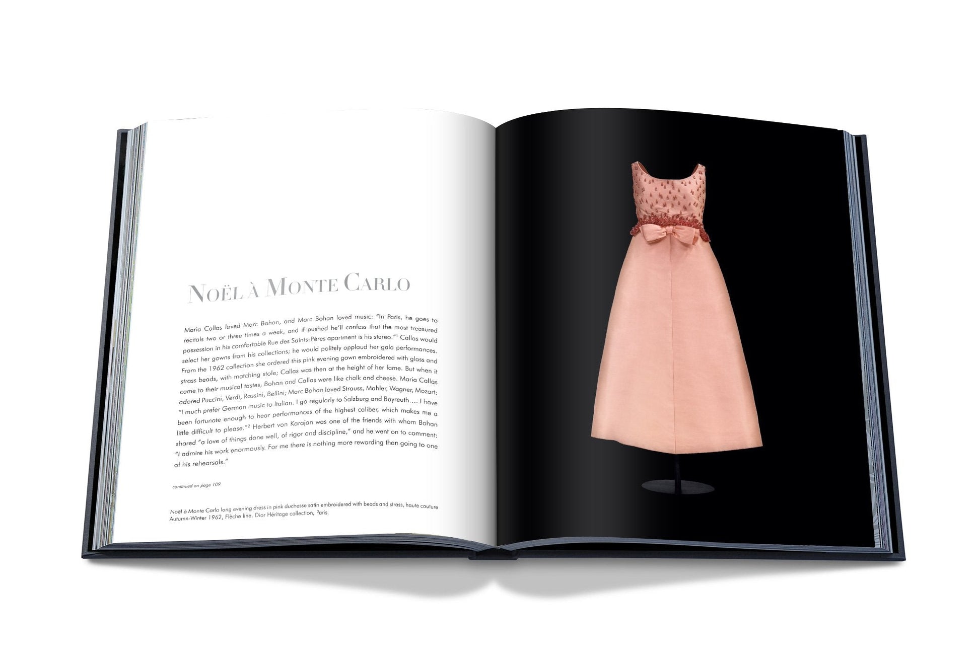 An open book displaying a text page titled "NOËL À MONTE CARLO" on the left and a photograph of a pink sleeveless dress, part of the Dior: Marc Bohan collection, captured in original photography by Laziz Hamani, on the right.