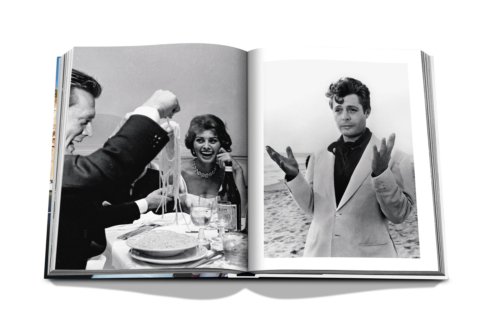 An open book with a photo of a man and a woman, capturing the essence of Assouline lifestyle in Italy.