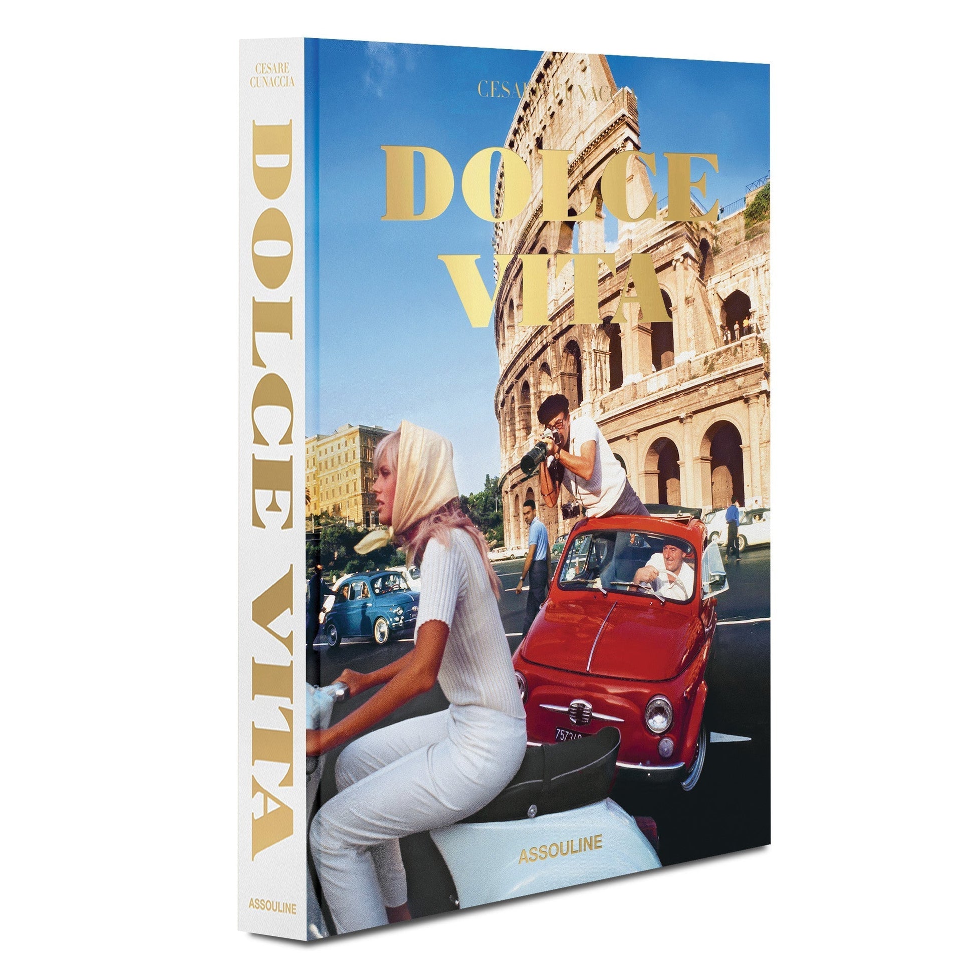 Experience the beauty of Italy's Dolce Vita lifestyle through this Assouline book featuring two people on a red scooter.