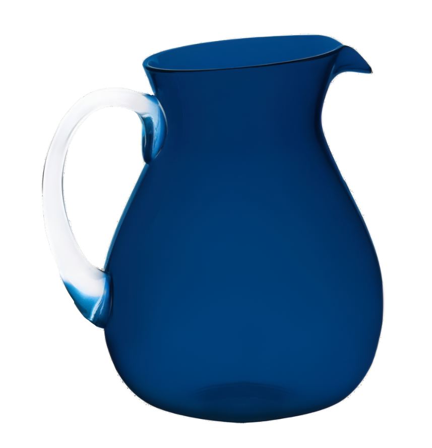 Belonging to the Memento Acrylic Deep Blue Collection, this blue jug with a white handle showcases a curved spout and rounded body, making it ideal for outdoor dining. Its elegant design is beautifully highlighted against a white background.