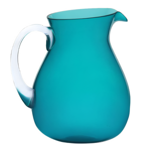 Part of the Memento Acrylic Turquoise Collection, this translucent blue glass pitcher with a smooth finish adds elegance to outdoor dining. Featuring a handle and spout, it is perfect for serving your favorite beverages in style.