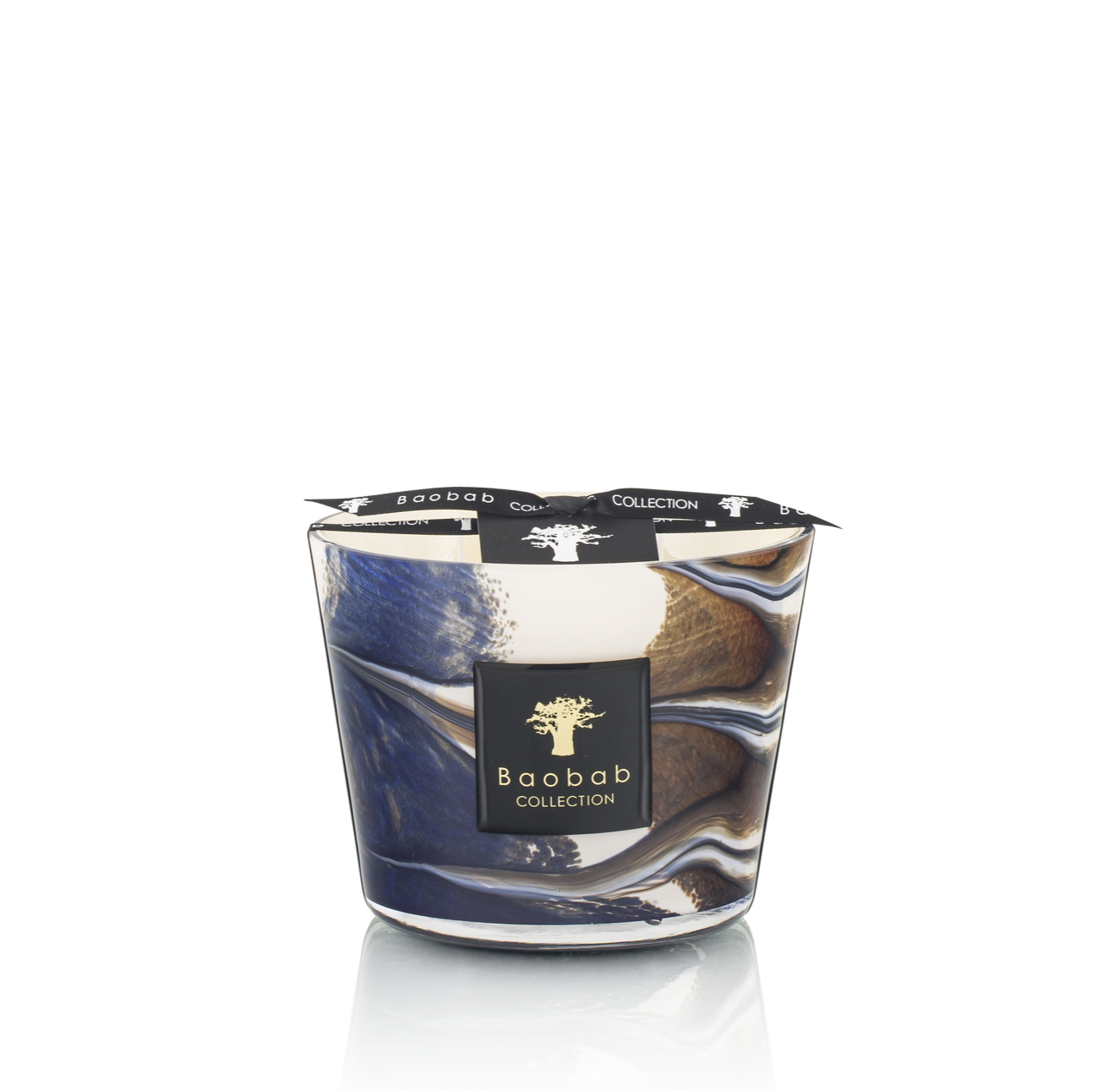 A Baobab Collection Delta Nil Candle in a glass container with a blue and brown marbled design, reminiscent of sea salt waves, capped with a black lid featuring white text and a logo.