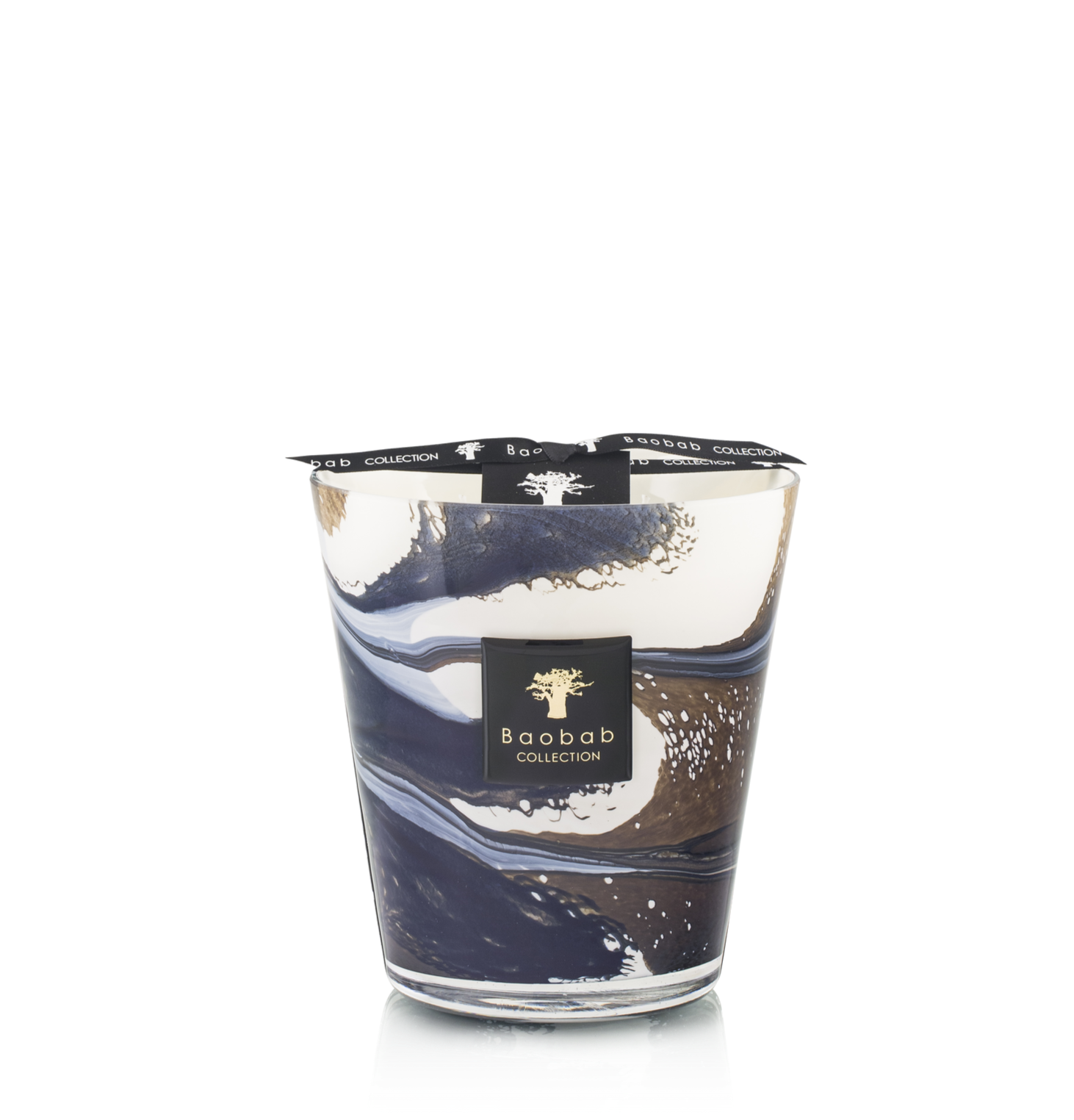 Baobab Collection Delta Nil Candle with abstract blue, white, and brown swirling patterns, part of the Baobab Collection. The holder, reminiscent of sea salt waves, features a black label with gold text and an emblem.