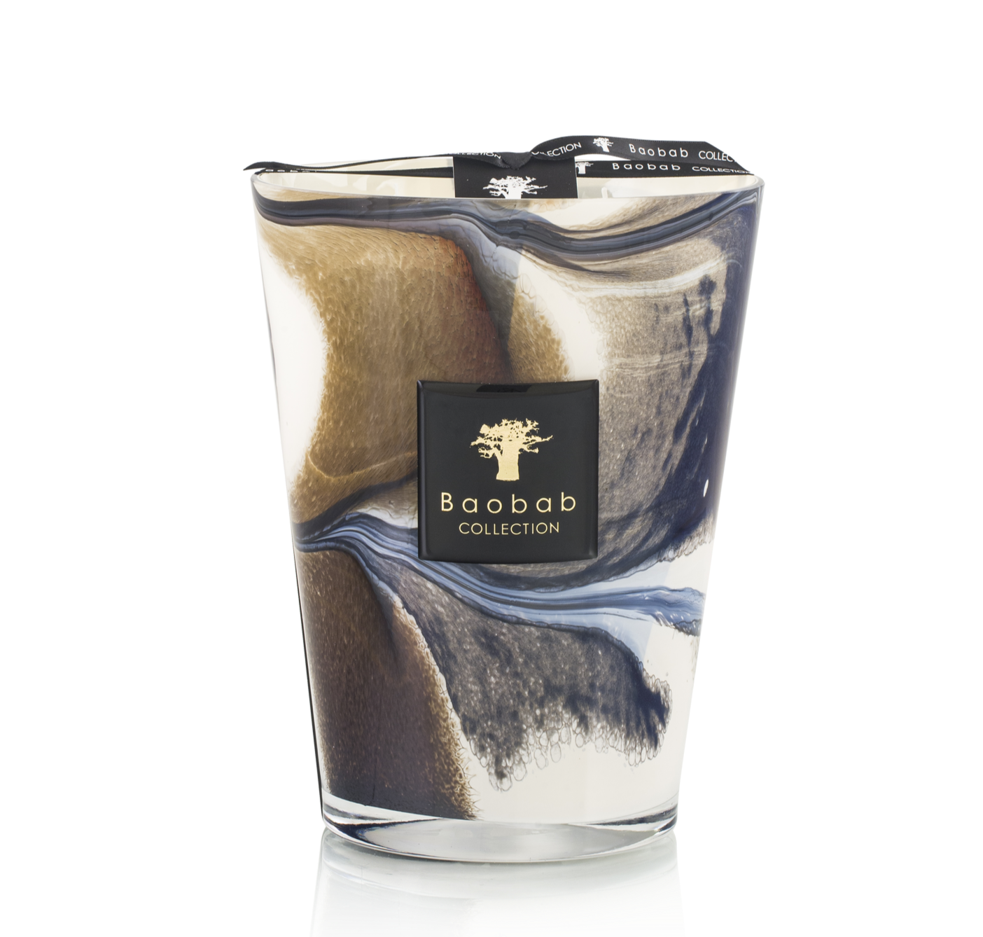 A decorative scented candle with a marbled design in brown, white, and blue colors. Infused with the essence of sea salt, the label reads "Baobab Collection Delta Nil Candle.