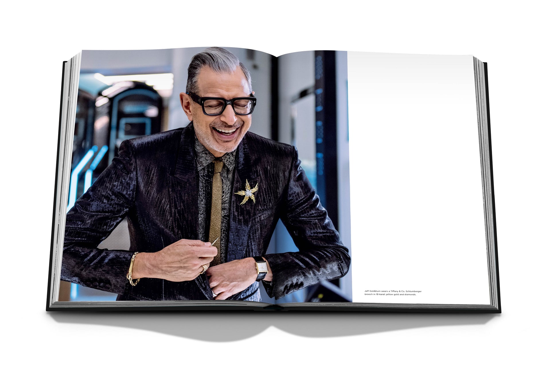 A man with glasses and gray hair is smiling and adjusting his jacket in a photo spread of an open book, showcasing hints of Diamonds: Diamond Stories.