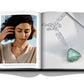 A magazine spread featuring a woman wearing a necklace on the left page and a close-up of Diamonds: Diamond Stories luxury jewelry with captivating stones on the right page.