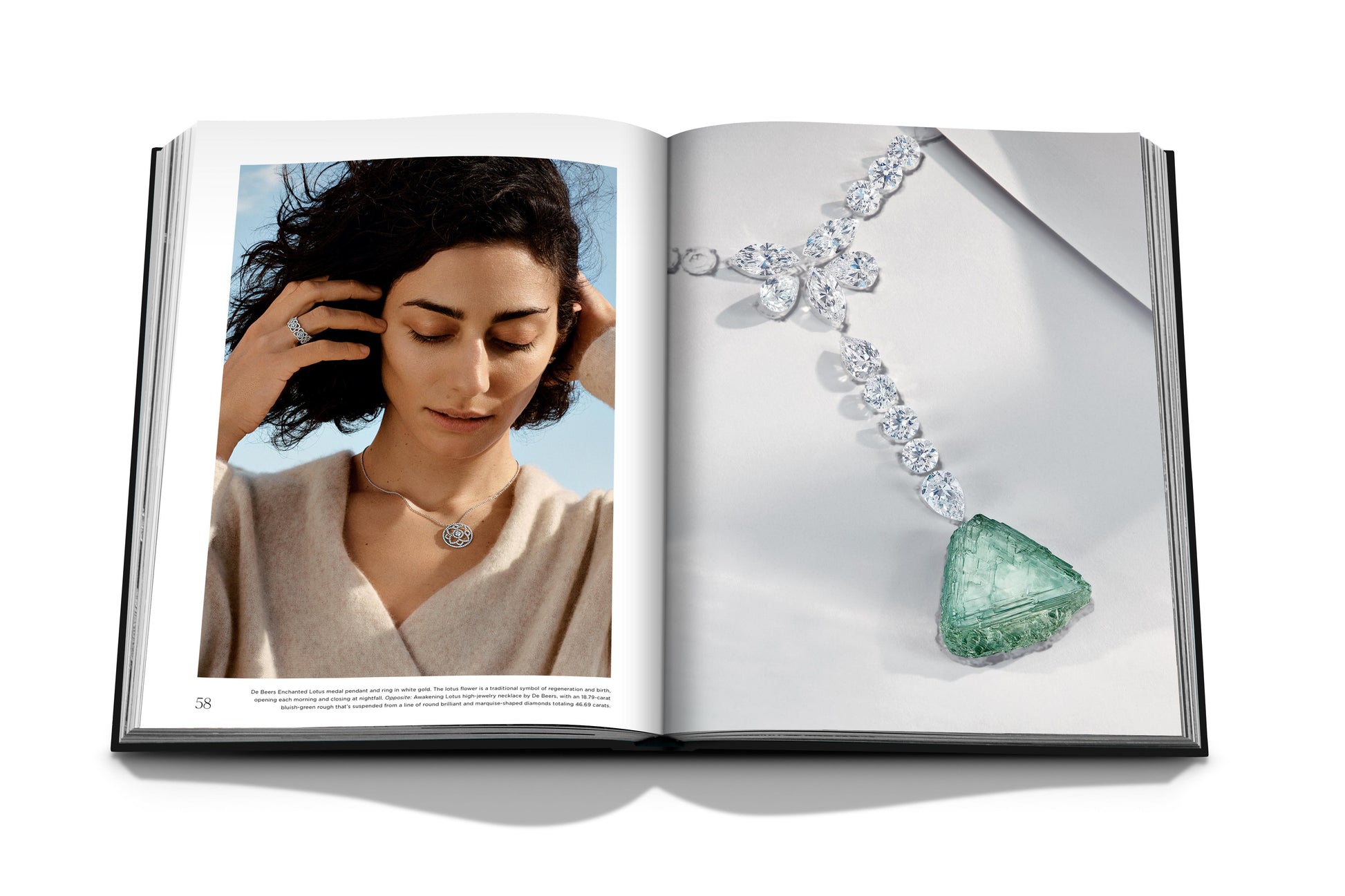 A magazine spread featuring a woman wearing a necklace on the left page and a close-up of Diamonds: Diamond Stories luxury jewelry with captivating stones on the right page.