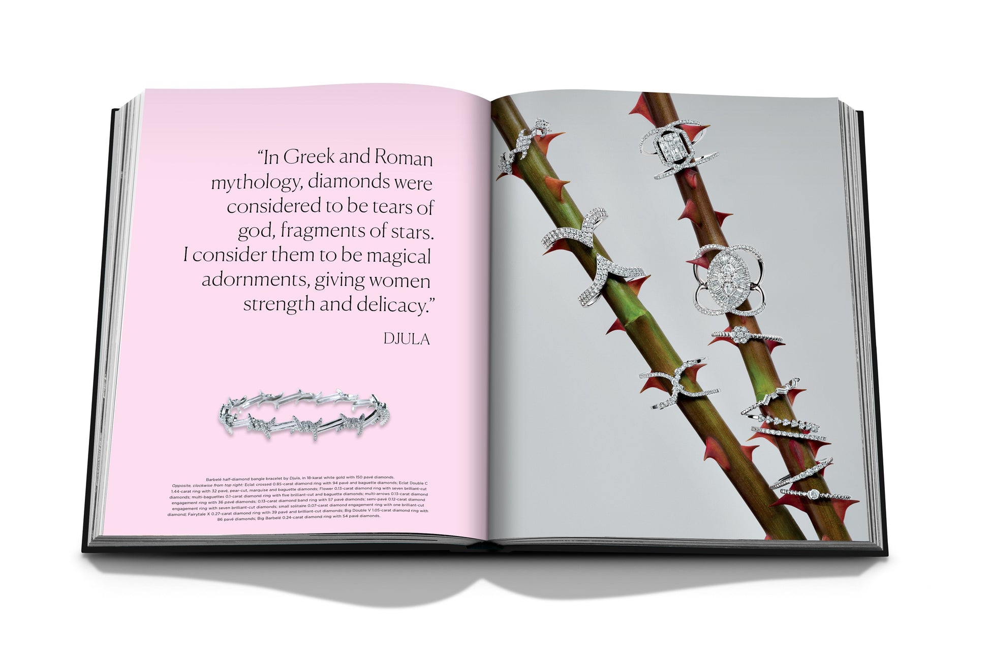 An open book displays a quote on the left page and images of luxury jewelry on thorny stems on the right page. The quote discusses the significance of natural diamonds in Greek and Roman mythology, as featured in "Diamonds: Diamond Stories".