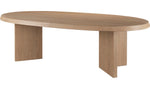 An Ellipse Dining Table with a smooth top, designed in an earthy color palette, and featuring two rectangular legs.