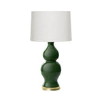 The Empire Table Lamp features a green ceramic rounded base with a brass-colored bottom and a white cylindrical fabric shade—an elegant choice for stylish entryway lighting.