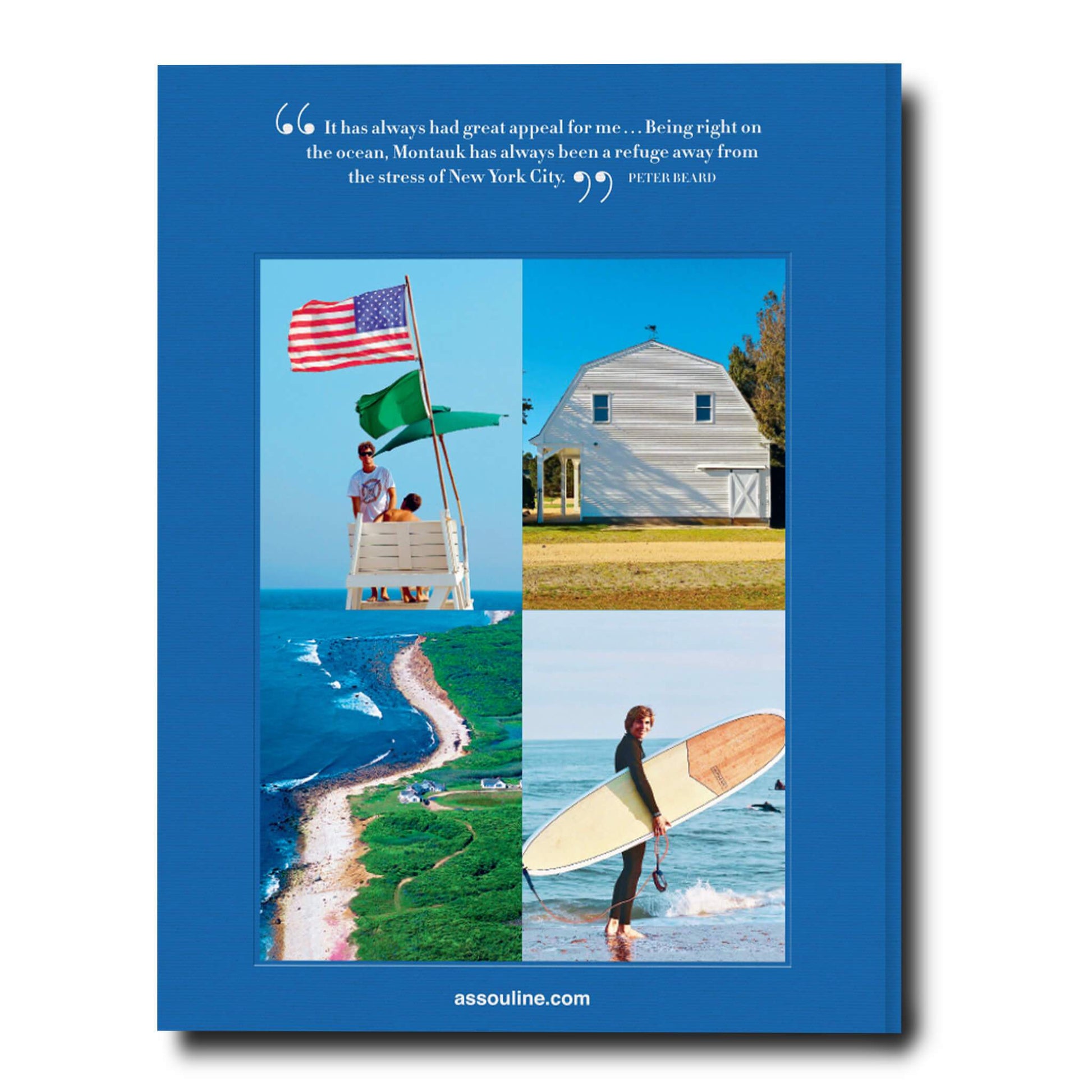 Book cover featuring quote about Montauk, with images of a lifeguard, American flags, a coastal house in The Hamptons, a picturesque coastline, and a boho-chic surfer. Text at bottom: "Hamptons Private".