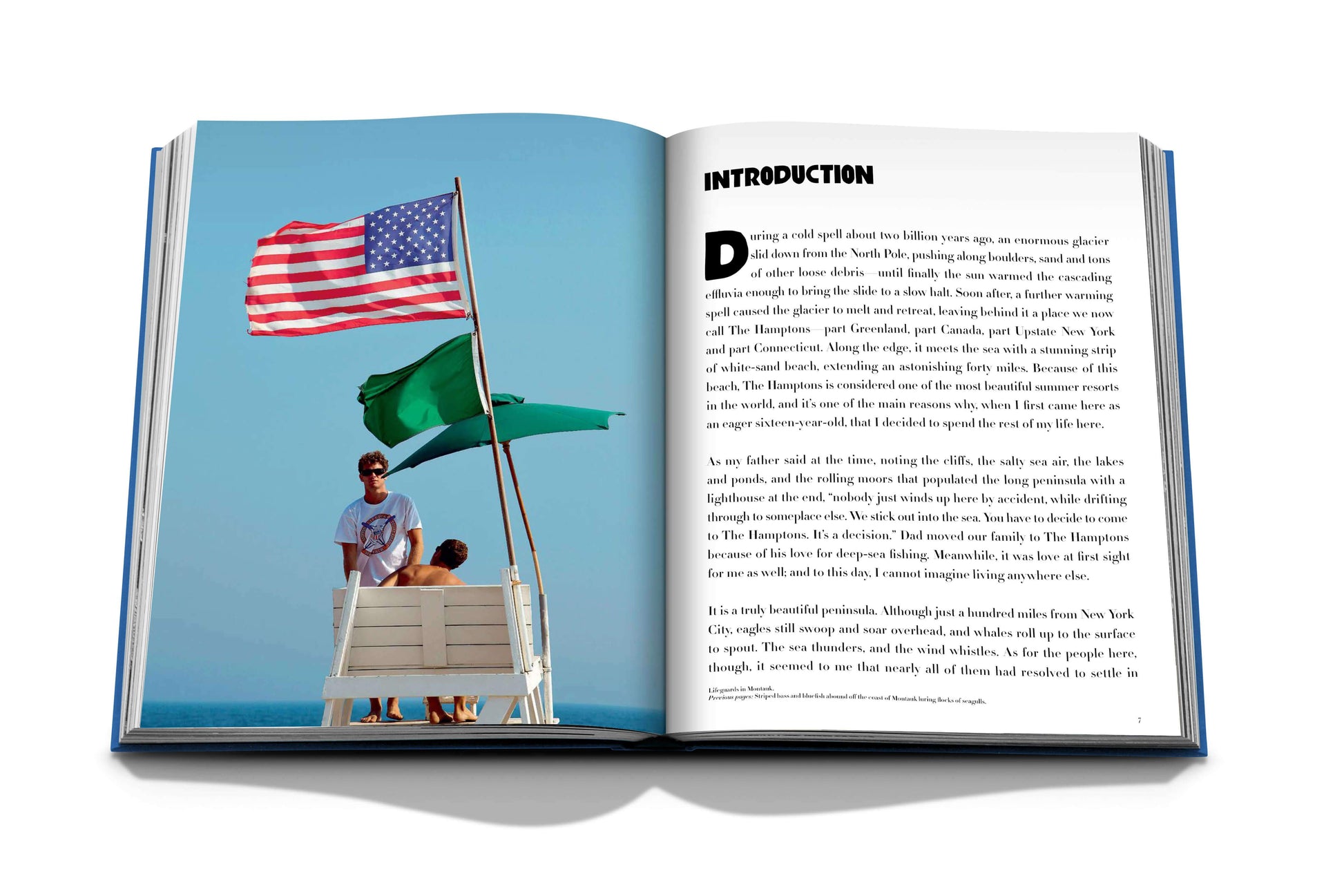 An open book reveals a photo of lifeguards by a beach adorned with American and green flags, capturing the boho-chic spirit of Hamptons Private. On the opposite page, "INTRODUCTION" is emblazoned above an engaging paragraph of text.