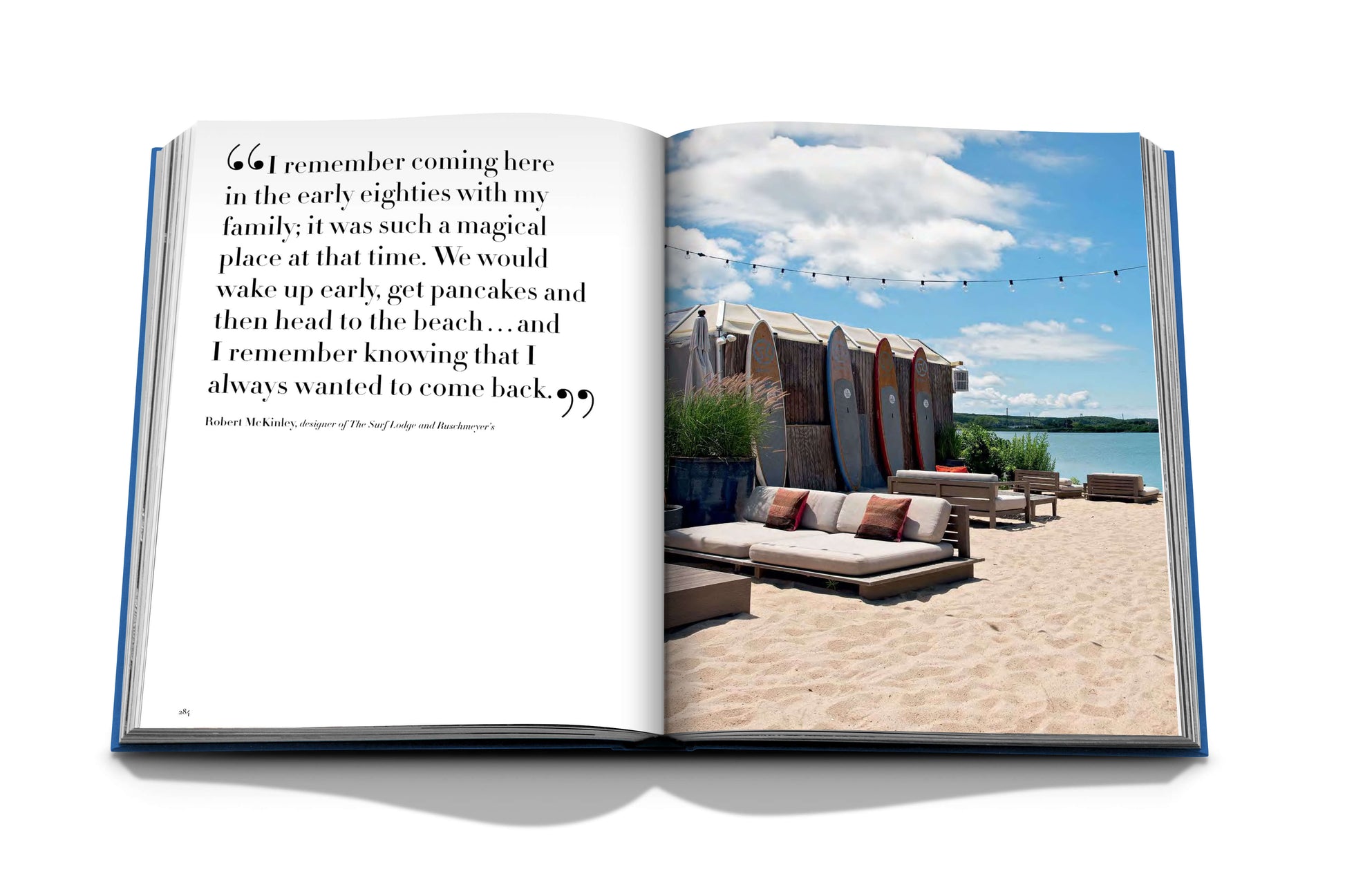 An open book showing a quote on the left page and Hamptons Private with lounge chairs and surfboards on the right page.