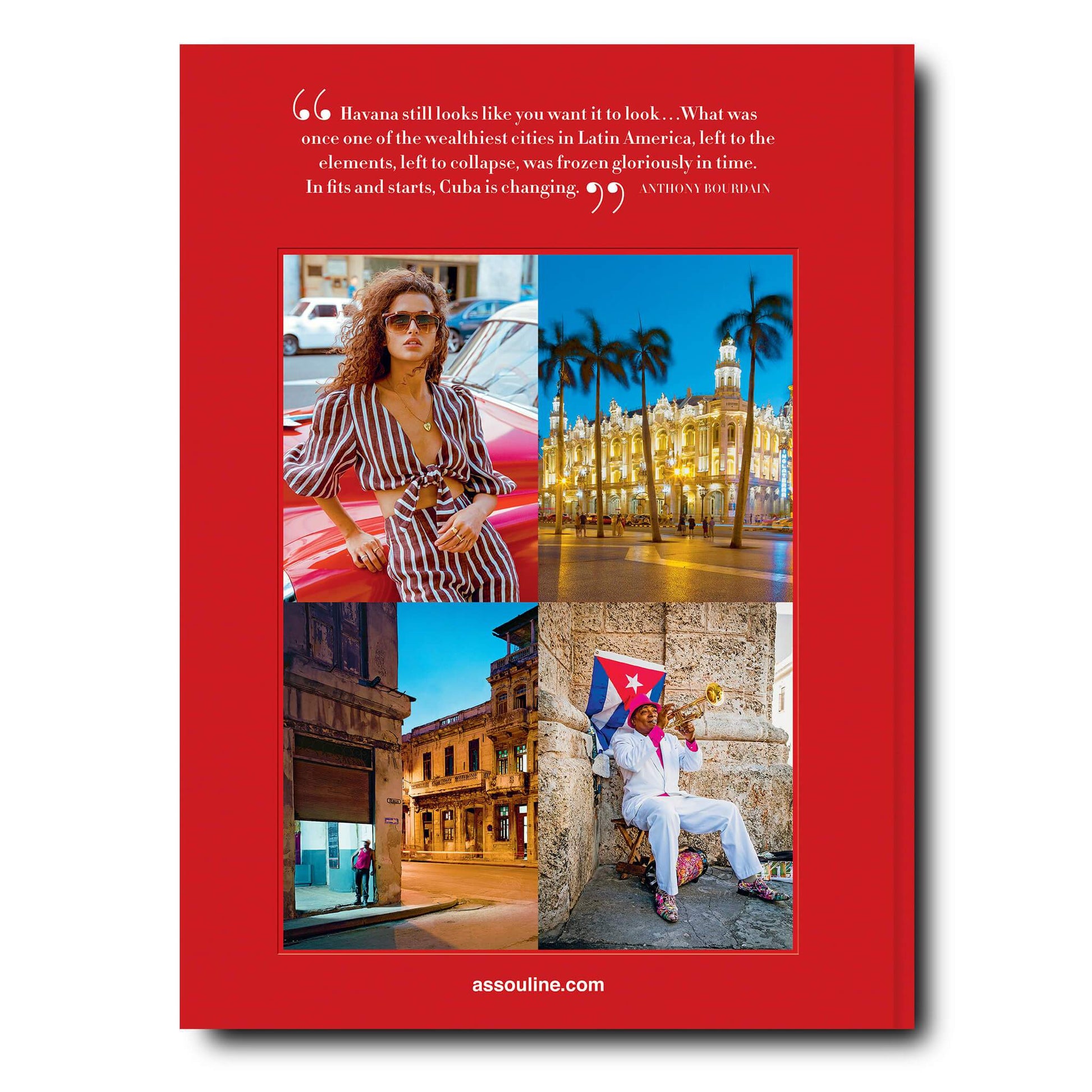 A red rectangular page featuring four images of Havana Blues: a woman with a car, a lit-up building, a historical street, and a man with the Cuban flag. At the top, text quotes Anthony Bourdain about Cuba's cultural renaissance.