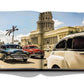 An open book displaying an image of vintage cars driving in front of a neoclassical building with a prominent dome, evoking the vibrant streets of Havana during its cultural renaissance, Havana Blues.