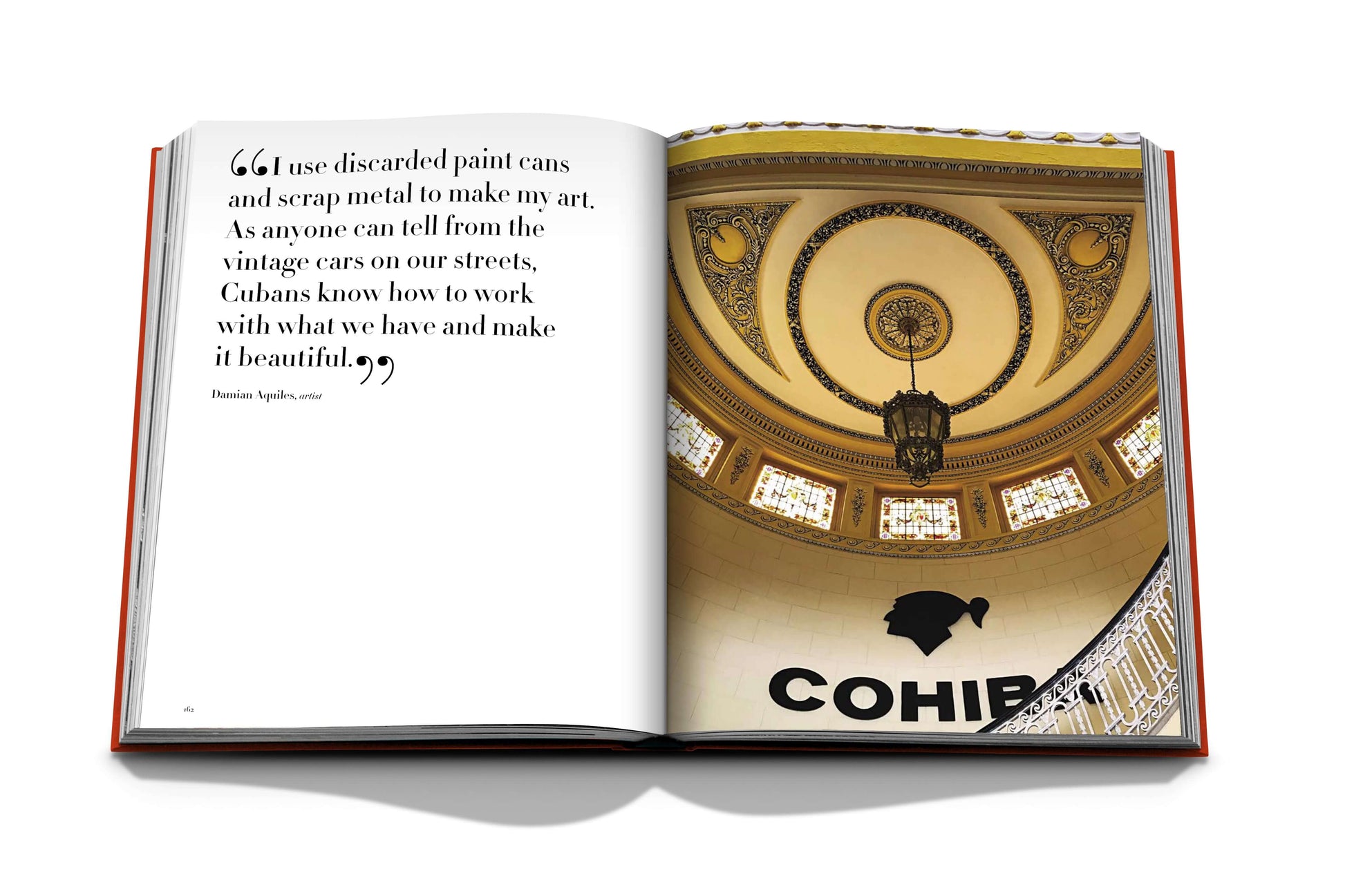 An open book shows a quote on the left page from artist Damian Aquiles about using scrap materials. The right page features an image of a ceiling with a chandelier above a "Havana Blues" logo, evoking the rich tapestry of Havana's cultural renaissance post-Cuban revolution.