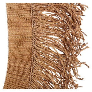 Close-up of the Hoku Mirror in Naturale Lampakanay, featuring a handcrafted woven natural fiber material with a thick braided edge on the left and loose, frayed strands on the right.