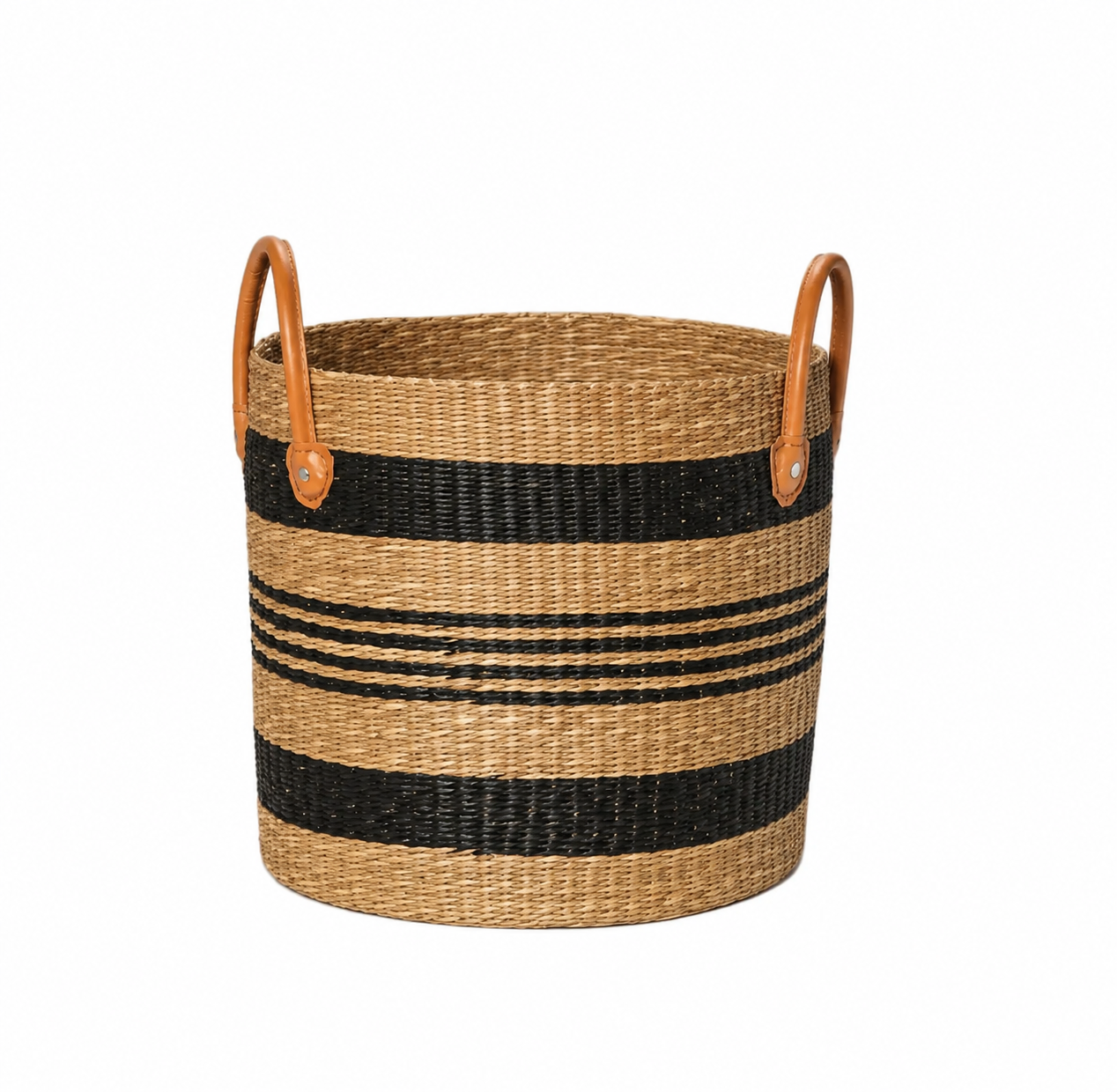 The Hudson Baskets feature a round woven design with black stripes and two tan leather handles, making them a stylish home décor accent. Shown on a plain white background.