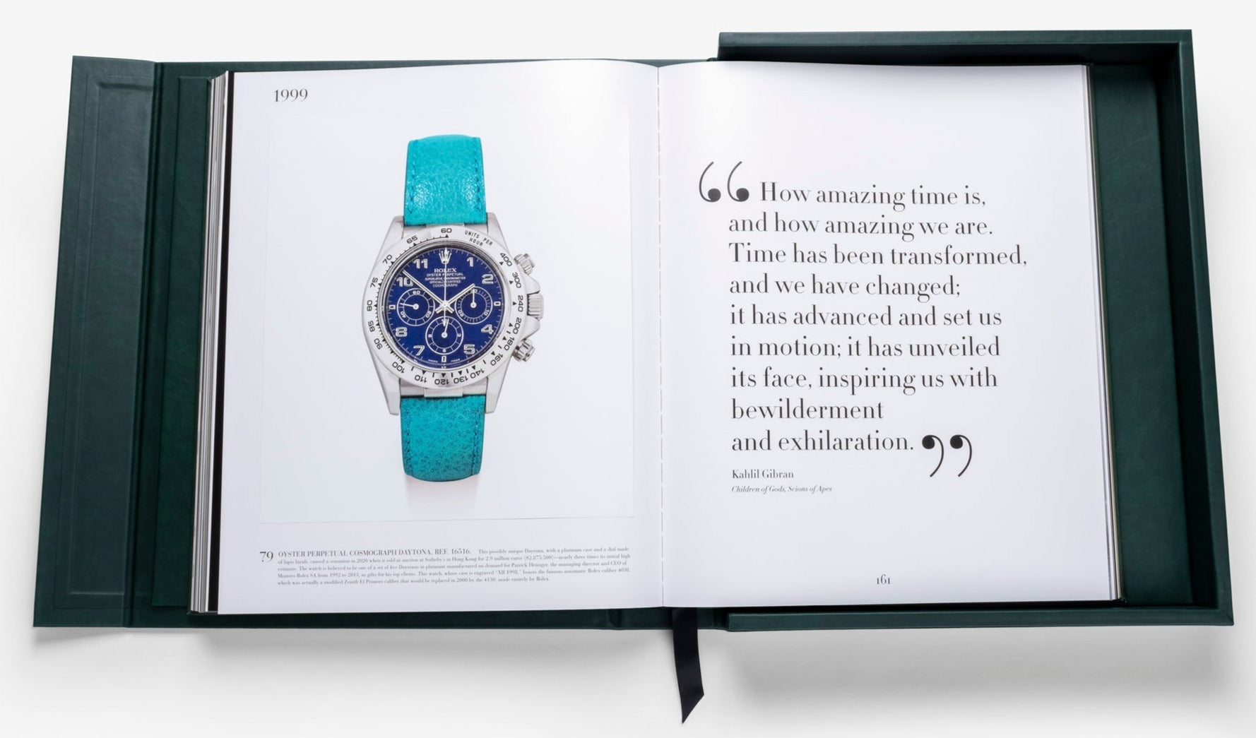 An open book displays a luxury Rolex wristwatch on one page and a quote about time by Kahlil Gibran on the other. "The Impossible Collection of Rolex" is encased in a green box with a black ribbon bookmark.