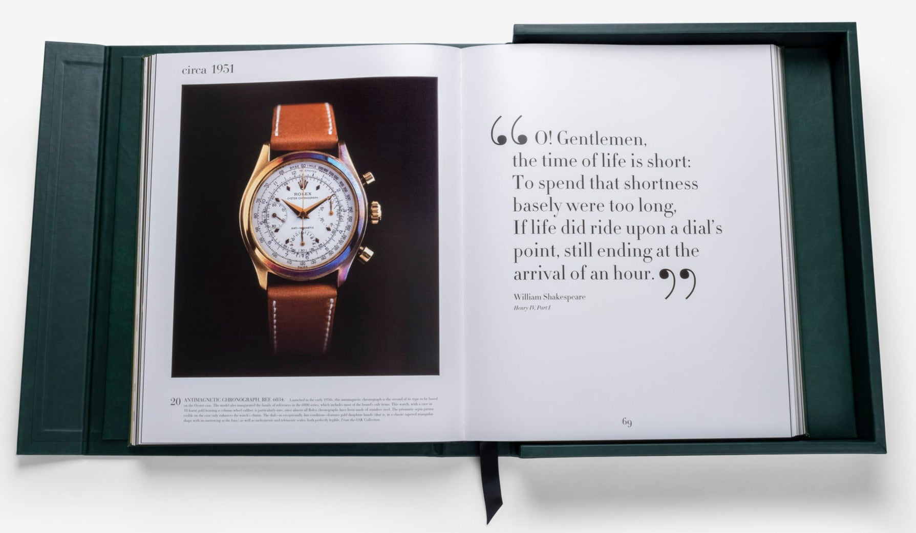 An open book displaying a luxury timepiece on the left page and a Shakespeare quote on the right: "O! Gentlemen, the time of life is short..." The book, featuring *The Impossible Collection of Rolex* from a collected watch label, is placed inside a green protective cover.