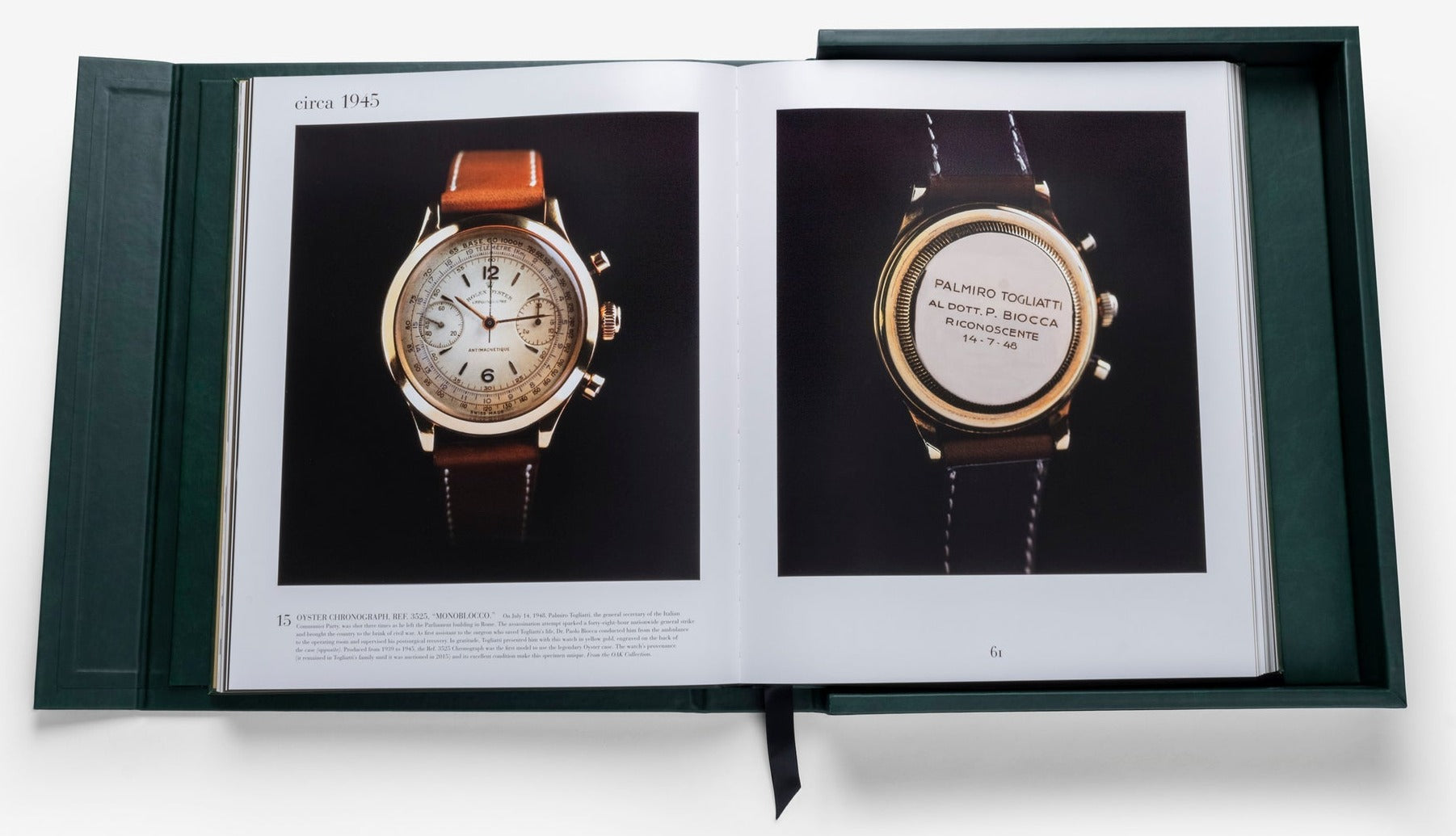 An open book displaying two pages with images of vintage wristwatches, one showing the front and the other the back. The book, with a dark green cover and a black ribbon bookmark, features detailed descriptions of each collected watch label, including some rare Rolex models.