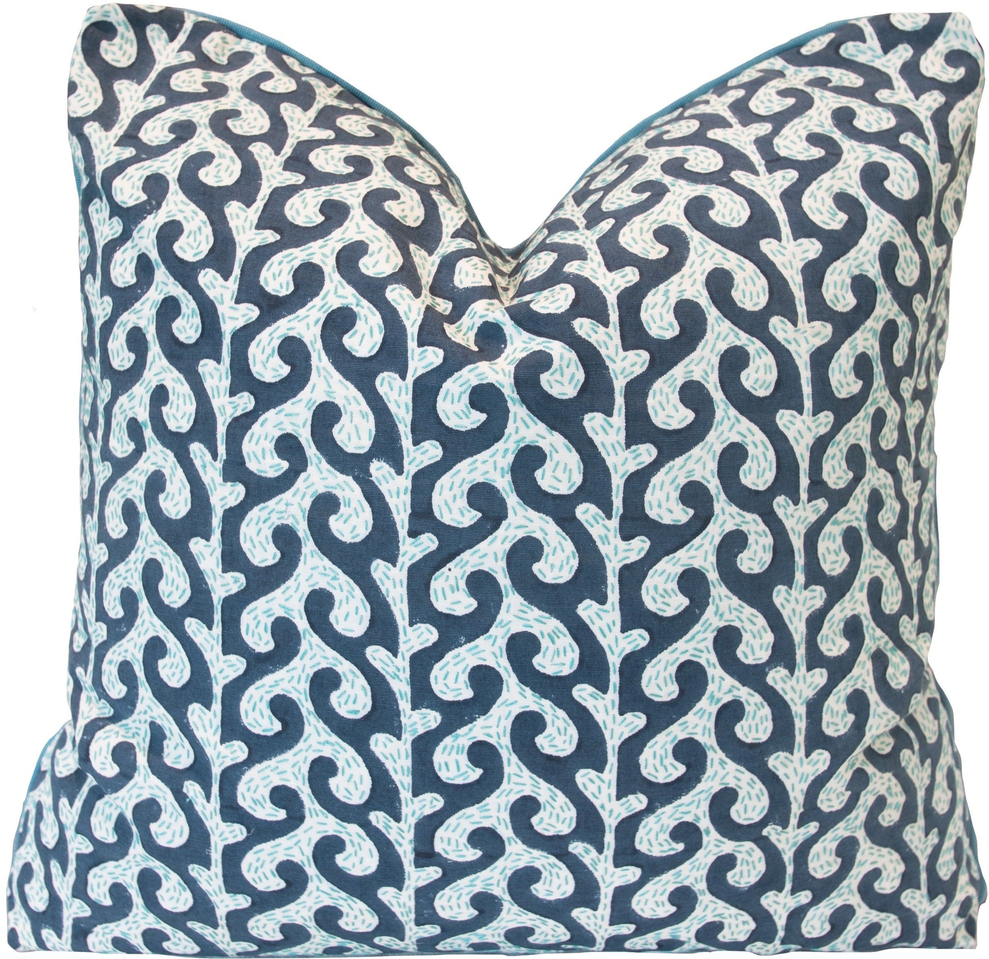 The Breach Candy Blue Pillow is a custom-made square decorative pillow with a navy blue background, white wavy abstract pattern, centered pointed top, and visible seams for an elegant finish. Crafted from premium materials.