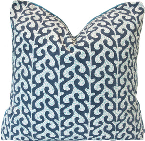 The Breach Candy Blue Pillow is a custom-made square decorative pillow with a navy blue background, white wavy abstract pattern, centered pointed top, and visible seams for an elegant finish. Crafted from premium materials.