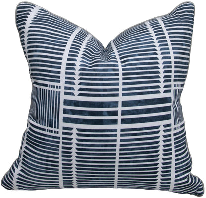 The Theo Navy Pillow is crafted with the finest materials for an impeccable finish, featuring a square shape and a black and white geometric striped pattern.