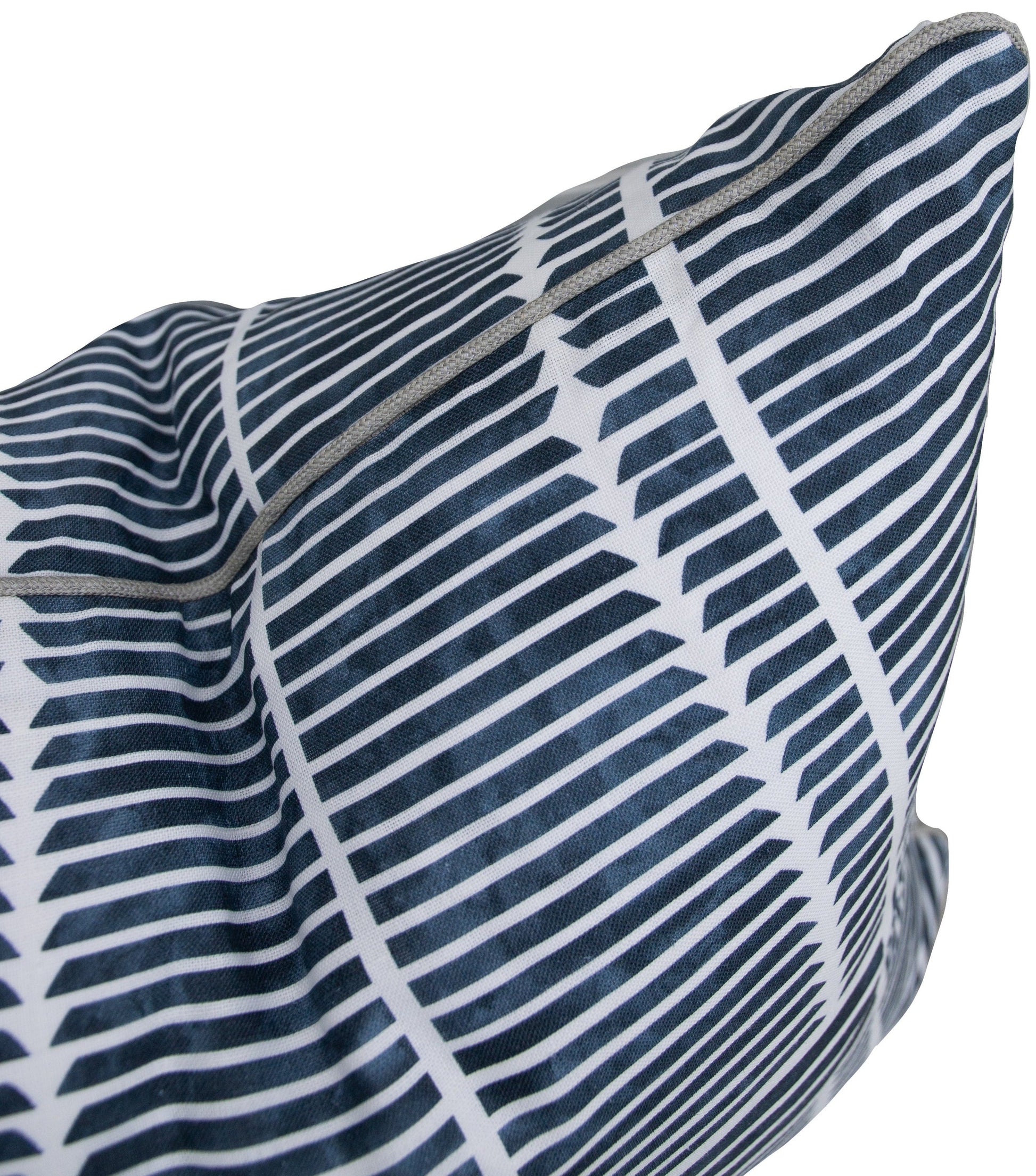 Close-up of a Theo Navy Pillow with diagonal and horizontal lines creating a repeating design, crafted with the finest materials.