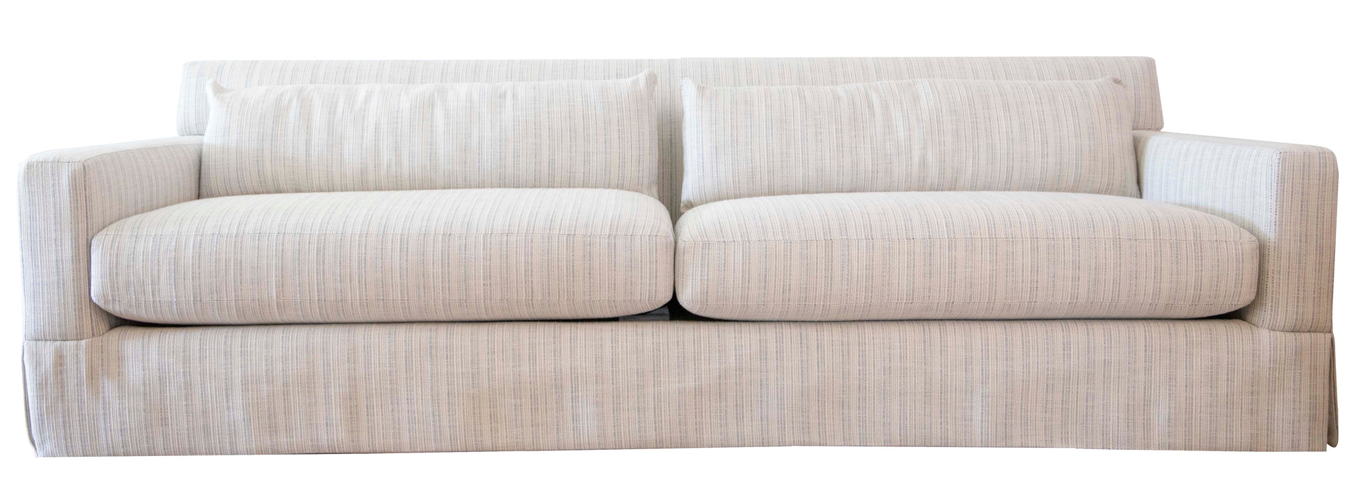 A beige, two-seat Extra Long Sofa with a classic silhouette, featuring a cushioned backrest and armrests, upholstered in a textural fabric that gives it a charming linen-like appearance. Displayed on a white background.