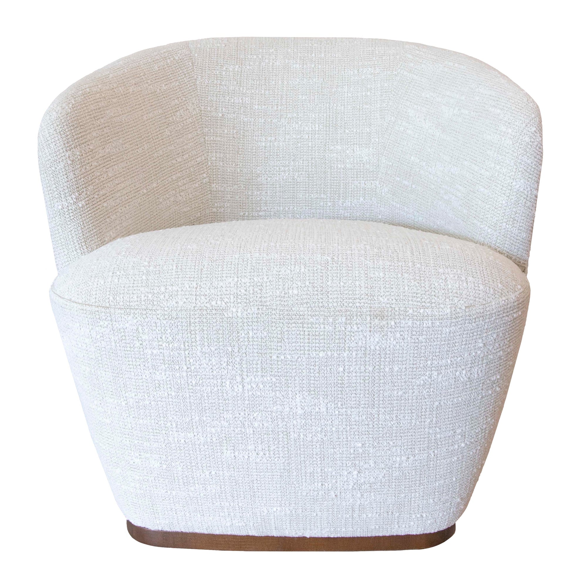 A modern white Samantha Swivel Chair with a curved backrest, custom upholstered for added elegance, and a wooden base.