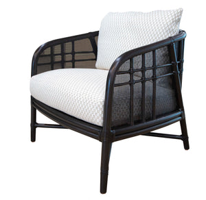 A Plaid Lounge Chair with a black frame, featuring a white cushioned seat and backrest cushion, complemented by a stylish mesh back design.