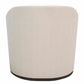 The image depicts the back view of a beige upholstered Jupiter Swivel Chair with a dark, plinth-style wooden base.