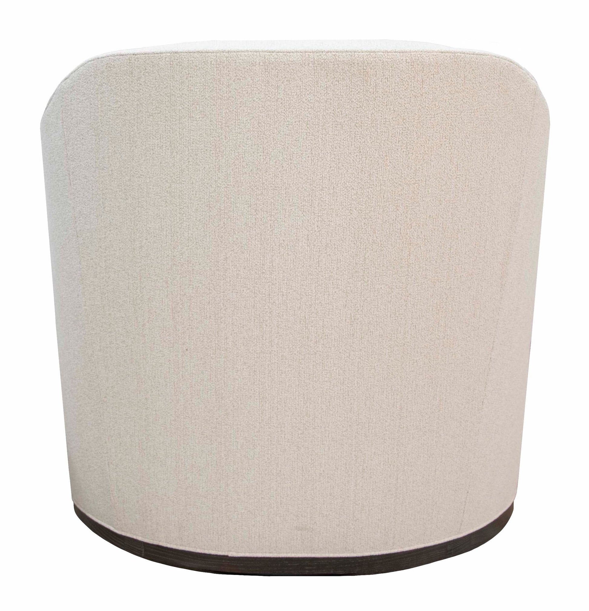 The image depicts the back view of a beige upholstered Jupiter Swivel Chair with a dark, plinth-style wooden base.