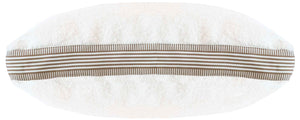 A custom-made white round Neighbors Sheep Pillow, featuring a brown and white striped band around its circumference, crafted from the finest materials, viewed from the top.