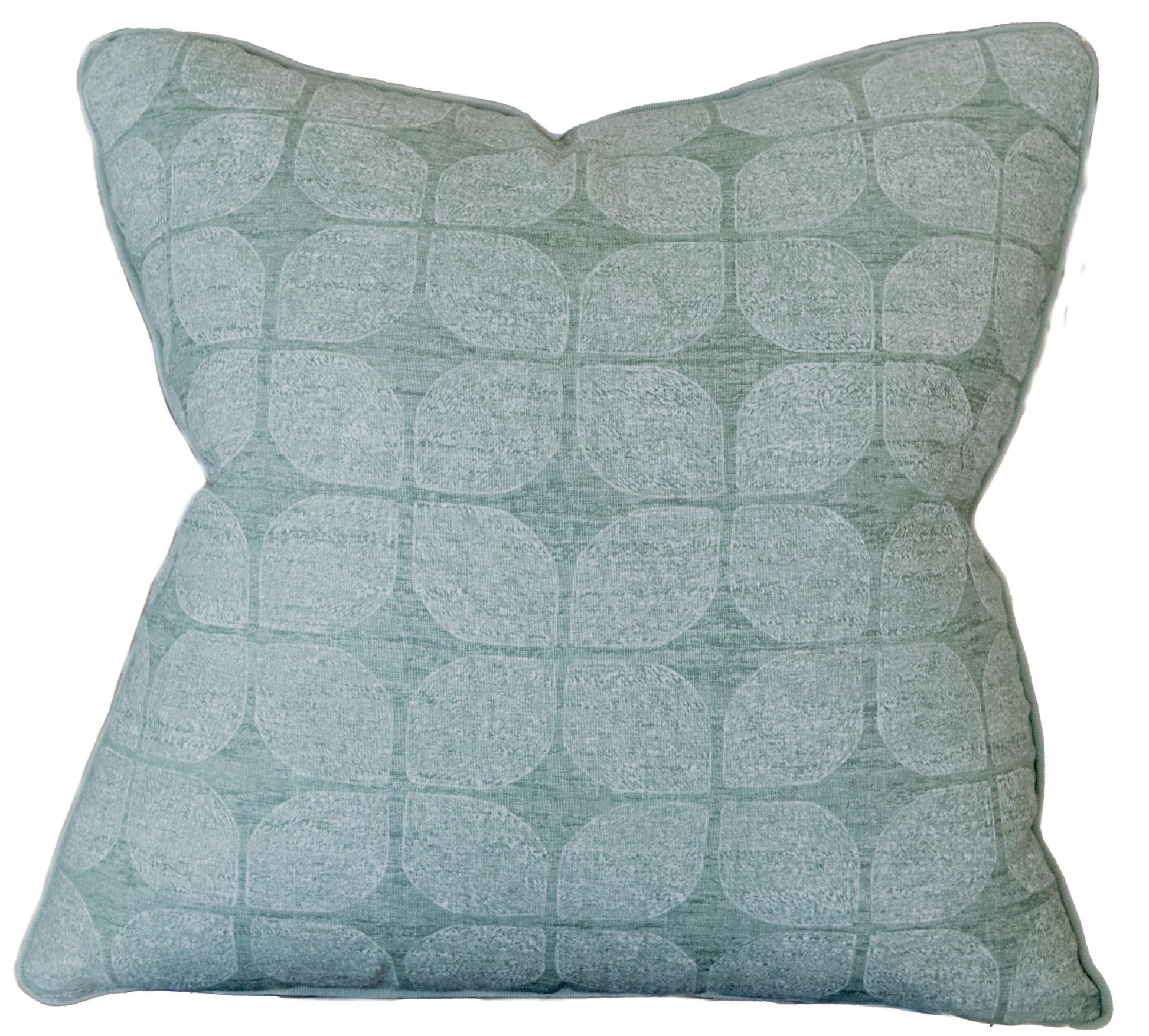 A Petaluma Moss Pillow, light green with a geometric leaf pattern, crafted using the finest materials and special attention to detail.