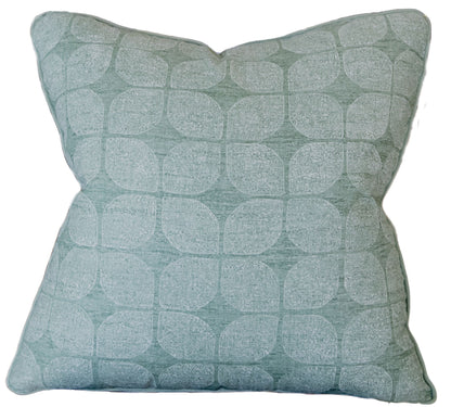 A Petaluma Moss Pillow, light green with a geometric leaf pattern, crafted using the finest materials and special attention to detail.