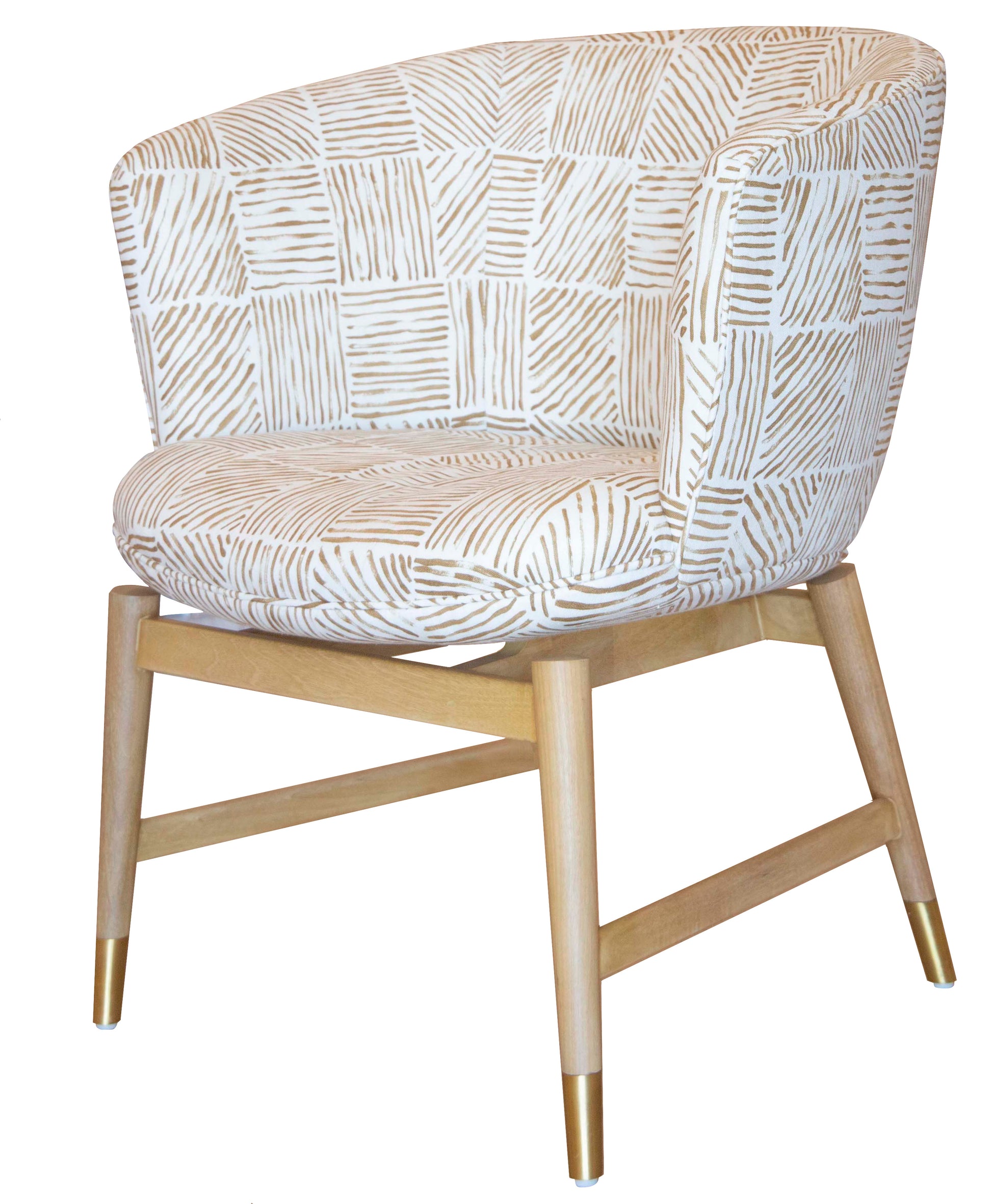 The Coupe Chair is a wooden chair with a beige and white patterned upholstered seat and backrest, featuring angled legs and metal-tipped feet, embodying a mid-century style.