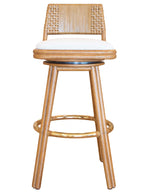 The Alameda Swivel Barstool features a wooden bar stool with a rattan frame, rawhide weaving on the backrest, a white cushioned seat, and a round footrest.