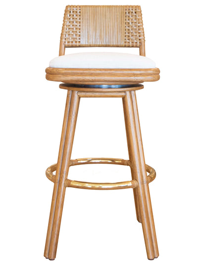 The Alameda Swivel Barstool features a wooden bar stool with a rattan frame, rawhide weaving on the backrest, a white cushioned seat, and a round footrest.