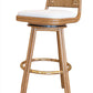 The Alameda Swivel Barstool features a wooden frame with a rawhide weaving backrest, circular seat cushion, and four legs connected by a round footrest.