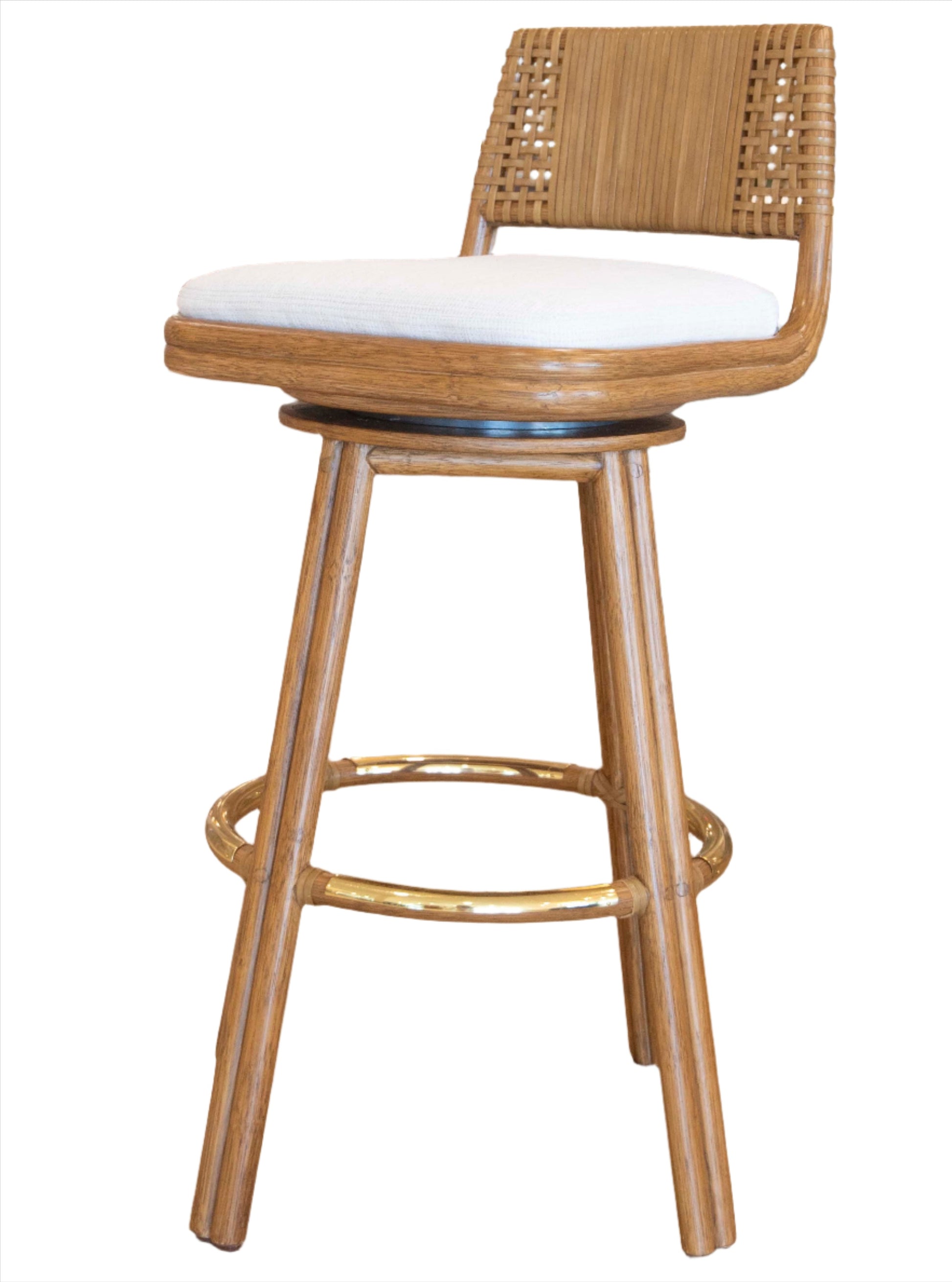 The Alameda Swivel Barstool features a wooden frame with a rawhide weaving backrest, circular seat cushion, and four legs connected by a round footrest.