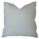 The Zeimoto Dove Pillow is a custom-made square throw pillow with a light blue and white repeating scallop pattern, crafted from premium materials and shown against a white background.