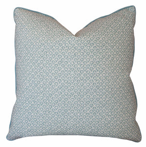 The Zeimoto Dove Pillow is a custom-made square throw pillow with a light blue and white repeating scallop pattern, crafted from premium materials and shown against a white background.