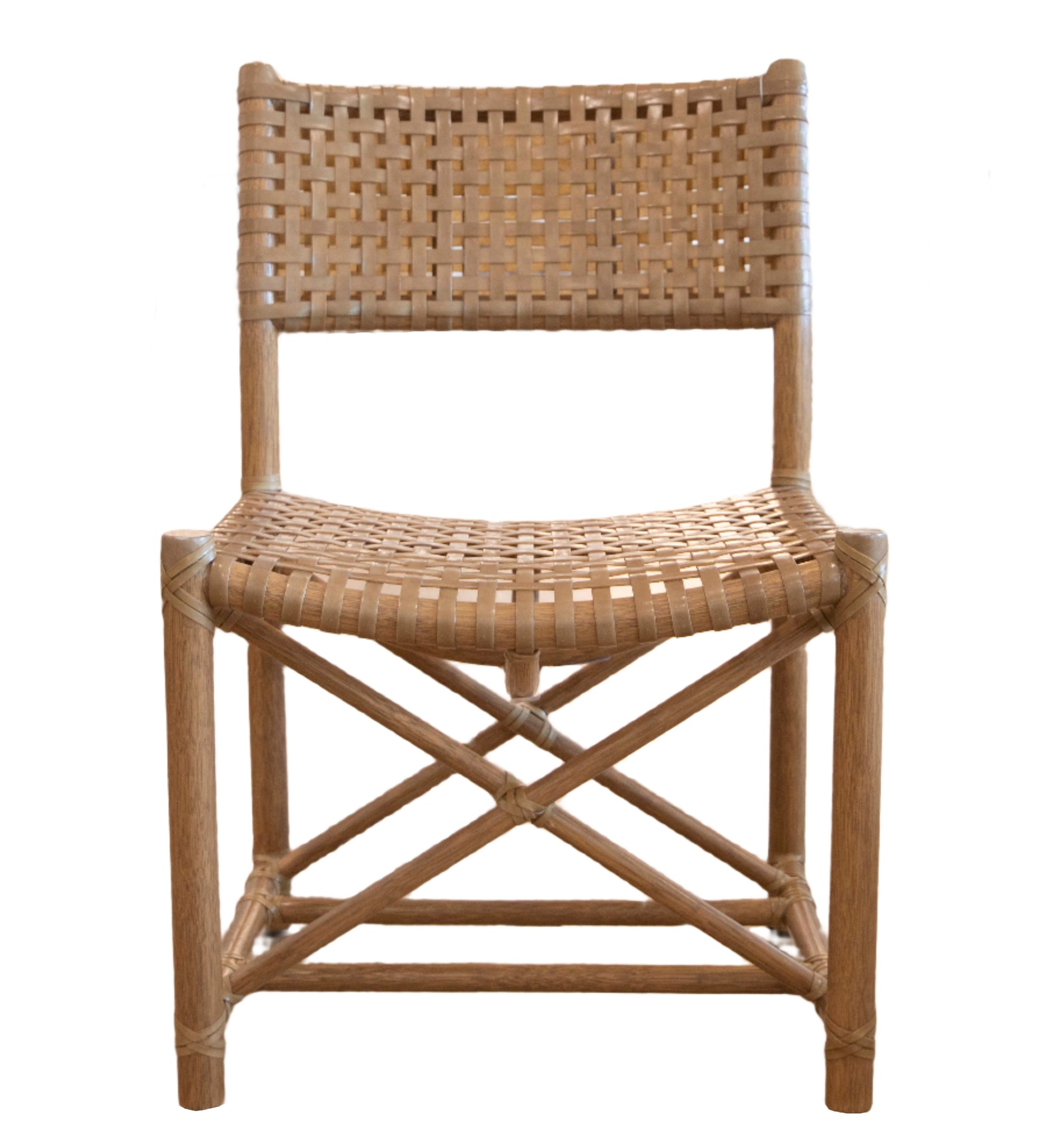 Front view of a Laced Rawhide Armless Chair with a woven backrest and seat, featuring double X-shaped accents on the base.