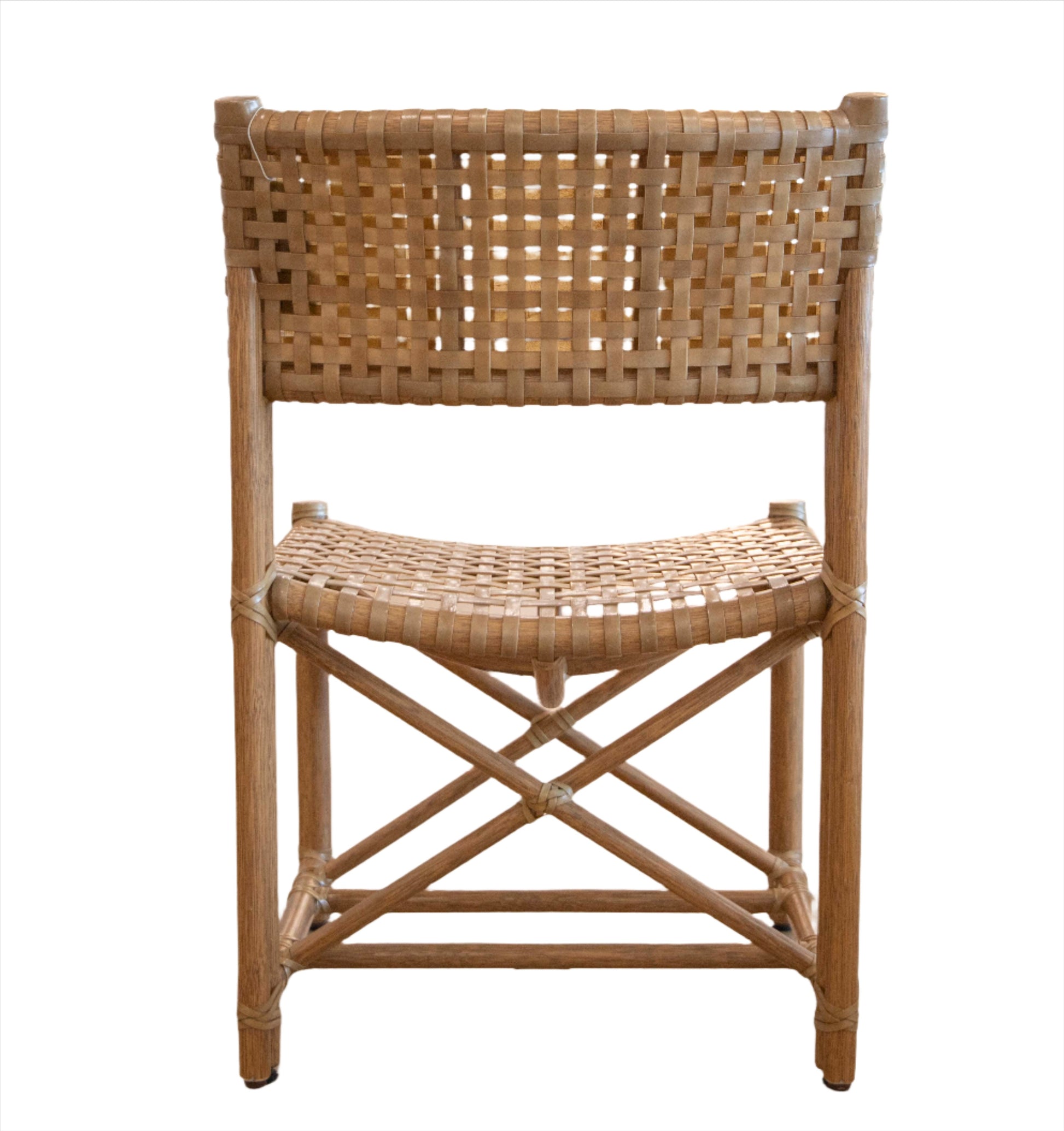 A Laced Rawhide Armless Chair viewed from the back, featuring a natural finish with double X-shaped accents and a detailed lattice pattern on the seat and backrest.