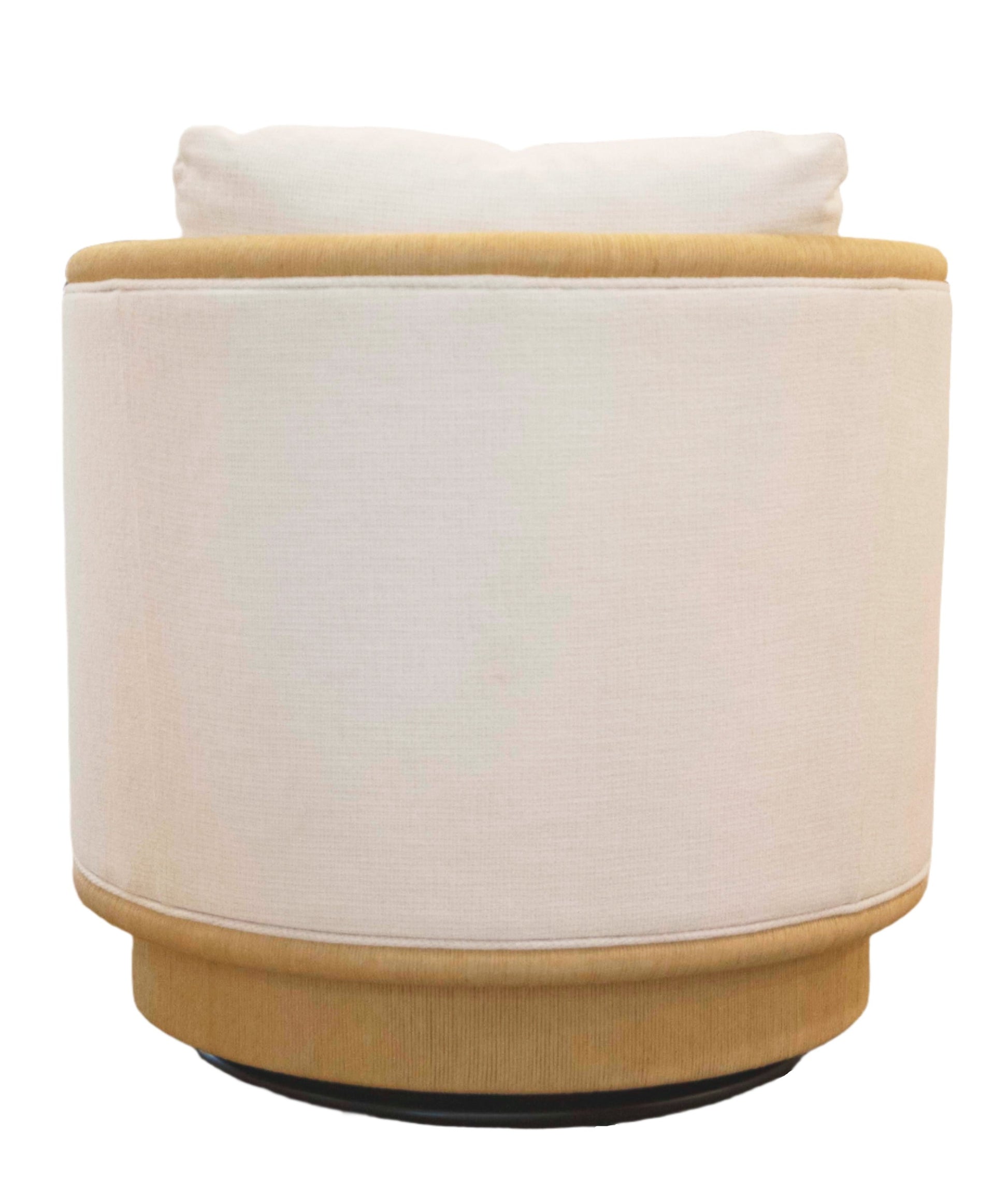 A Coastal Swivel Chair with a round shape features a beige fabric back and base in light brown, complete with a cushion on the seat for added comfort.